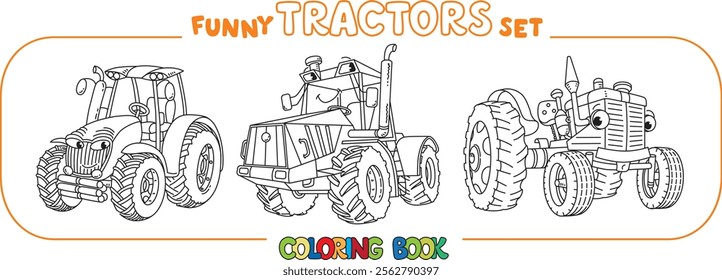 Funny vector tractors with eyes. Coloring book set