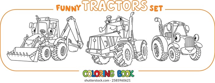 Funny vector tractors with eyes. Coloring book set