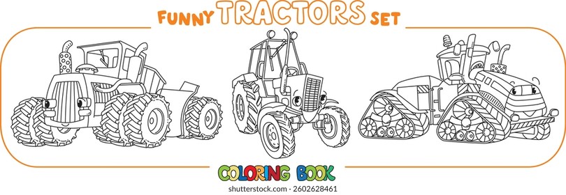 Funny vector tractors with eyes. Coloring book set