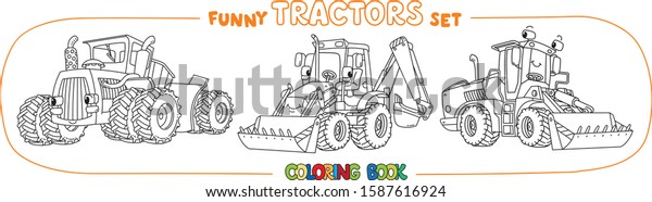 Funny vector\
tractors with eyes. Coloring book\
set