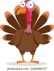
Funny Vector Turkey Bird Celebrating Thanksgiving Cartoon Mascot. Happy domestic gobbler bird standing and smiling 
