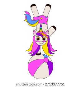 Unicornio de Vector divertido en la bola de goma inflable. Ilustración vectorial de unicornio plano en bola de playa rayada aislada fondo transparente. Divertida camiseta de niño con estampado infantil decoración de la habitación. EPS 10 Editable