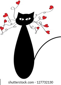 funny vector valentine cat in silhouette with red hearts isolated on white background