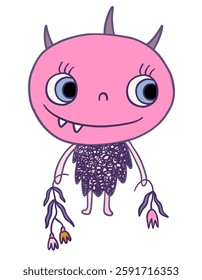 Funny vector violet and pink fluffy hand drawn doodle monster holding wilted flowers, Silly, ugly alien animal for kids and baby birthday designs