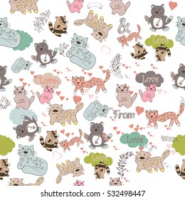 Funny vector wallpaper pattern with cute colorful cats in pastel tones. Ideal for fabric design and textile