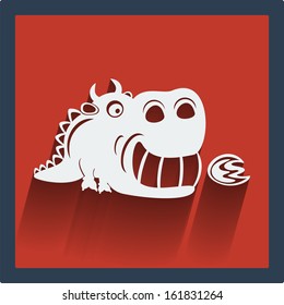 Funny vector white dragon in flat design on red. Web and mobile animals icon.