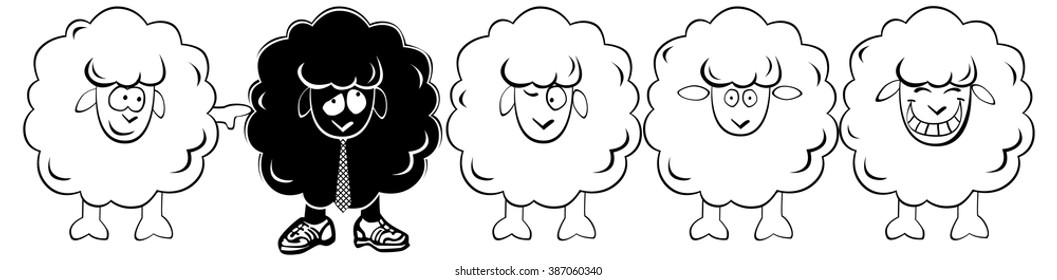 Funny vector white lamb and a black lamb. Sheep in sneakers and tie
