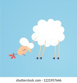 Funny vector white sheep eating flower from the ground. Cartoon lamb character isolated on blue background. EPS10 cute nature illustration with sheep for banner, poster, card, web design.