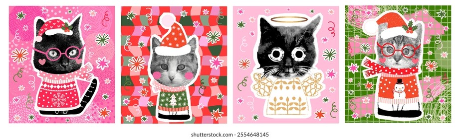 Funny vector winter greeting cards with Cute cats with ugly Christmas sweaters, Santa hats, scarves, Fun comic kitty angel illustration collage