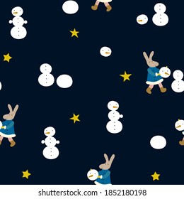 Funny vector winter seamless pattern with cute  Snowmen, rabbits and stars  on the night christmass background. Cute christmass fabric design on the dark background. Making a snowman.  Simple and styl