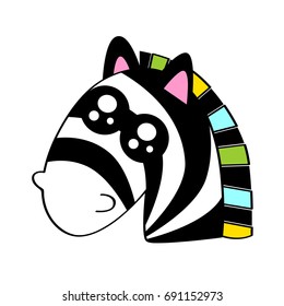Funny vector zebra with cute eyes in flat style isolated on white background. Childish print