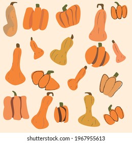 Funny vectorial pattern of colorful pumpkins.