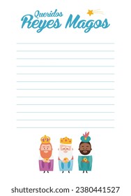 Funny vectorized letter. Dear wise men, written in Spanish. Kings of orient vectors
