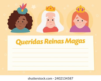 Funny vectorized letter. Dear wise women, written in Spanish
Queens of orient vectors on yellow background