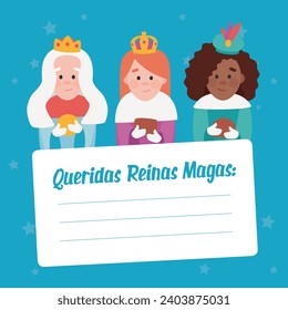 Funny vectorized letter. Dear wise women, written in Spanish
Queens of orient vectors. Christmas postal 