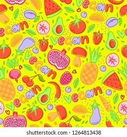 Funny vegan seamless pattern with colorful fruits and vegetables. Yummy background. 