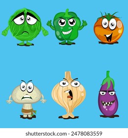 Funny vegetable cartoon characters set in different facial expression on blue background.