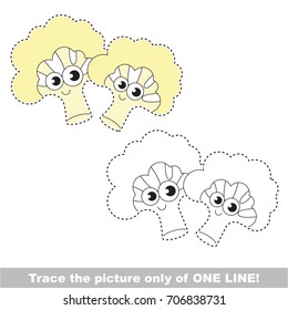 Funny Vegetable Cauliflower to be traced only of one line, the tracing educational game to preschool kids with easy game level, the colorful and colorless version.