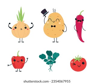 Caracteres vegetales divertidos con juego de vectores de brazos y caras sonrientes