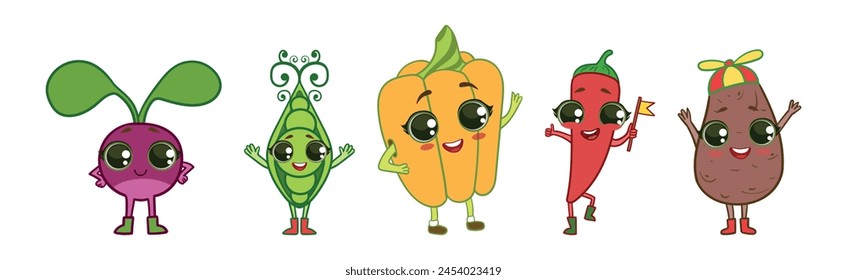 Personaje vegetal divertido con el conjunto de Vector de la cara sonriente