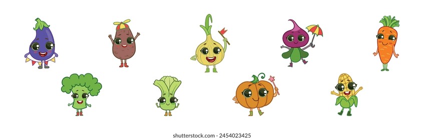Funny Vegetable Character with Smiling Face Vector Set
