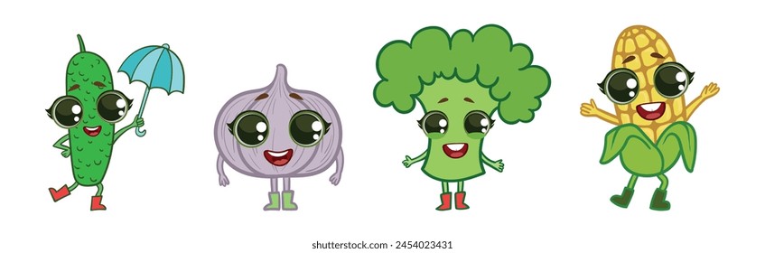 Funny Vegetable Character with Smiling Face Vector Set
