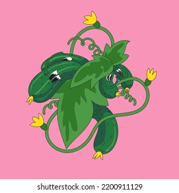 Caracteres vegetales divertidos. Familia de pepinos de dibujos animados. Una mascota linda aislada en un fondo azul. Vector