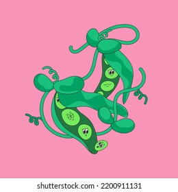 Funny vegetable characters. Cartoon pea family. Cute mascot isolated on a blue background. Vector