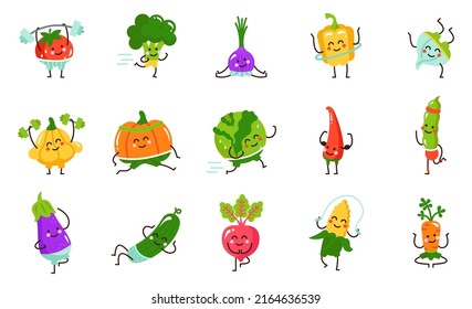 Funny vegetable characters doing yoga, sport and fitness. Set of kawaii tomato, broccoli, pepper, cucumber, carrot, corn, pumpkin having workout training. Cartoon vector illustration