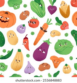 Personajes vegetales divertidos con emociones felices, sonrientes, tristes y enojadas en rostros sobre un fondo interminable. Patrón repetible de diferentes alimentos lindos de la granja, verduras cómicas. Ilustración vectorial plana sin costuras