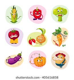 Funny Vegetable Characters Set Of Colorful Flat Vector Icons In Childish Cartoon Style Isolated On Different Backgrounds