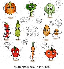 Funny vegetable characters set isolated on white background Vector illustration Cute and happy faces Cartoon design diet nutrition Tomato Pumpkin Potato Cabbage Carrot Hot pepper Broccoli Squash