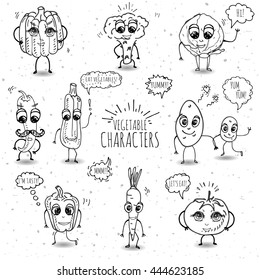 Funny vegetable characters set isolated on white background Vector illustration Cute and happy faces Cartoon design diet nutrition Tomato Pumpkin Potato Cabbage Carrot Hot pepper Broccoli Squash