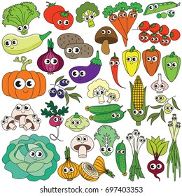 Funny Vegetable elements set, collection of coloring book template, the group of outline digital elements vector illustration, kid game page.