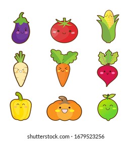 Funny vegetable flat icon collection set isolated on white background.Eggplant ,tomato ,corn ,radish ,carrot ,beetroot ,bell pepper ,pumpkin and lime.Happy face.Healthy food.Vector.Illustration.