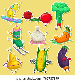 Funny vegetable and fruit characters doing sports set, stickers with vegetables cartoon vector Illustrations