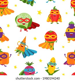 Funny Vegetable Hero in Mask and Cloak Rushing to Rescue Vector Seamless Pattern