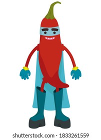 Funny vegetable superhero. Chilli in cartoon style.