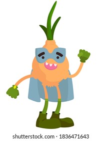 Funny vegetable superhero. Onion in cartoon style.