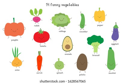 Funny vegetables: avocado tomato, cucumber, carrot, onion, potato, broccoli, etc.Can be used for education cards, illustration, poster, banner, advertisement, flyers, booklet, articles, children books