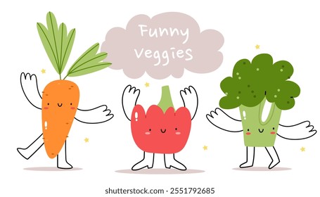 Funny vegetables. Carrots, peppers and broccoli dancing on a white background. The concept of veganism and healthy food. Happy cute vegetable character with plant with smiling face