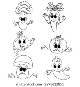 Funny vegetables cartoon characters vector illustration. For kids coloring book.