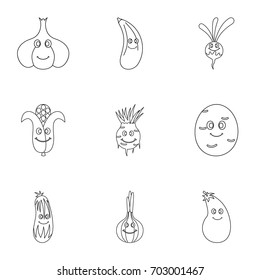 Funny vegetables character icon set. Outline set of 9 funny vegetables character vector icons for web isolated on white background