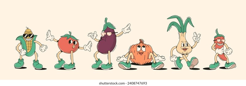 Funny vegetables characters in retro cartoon style vector illustration set. Vegetarian food products vintage animation elements design