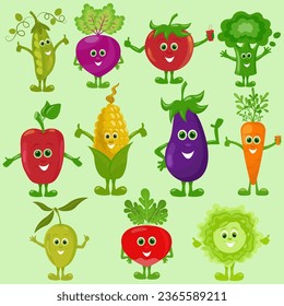 Caracteres divertidos de verduras con rostros. Colección saludable en estilo plano. Ilustración vectorial de acciones