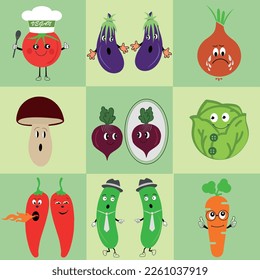 Funny vegetables collection of vegetables in vector.
Cheerful family of vegetables with different emotions. Vector illustration.