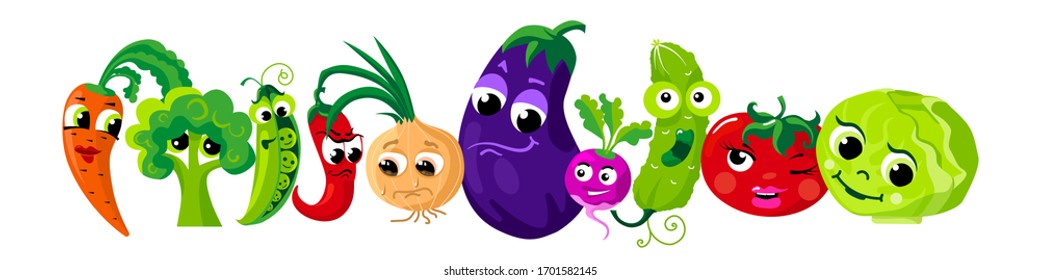 Funny vegetables with cute faces. Horizontal border. Vector image isolated on a black background. Illustration done in cartoon style.