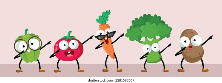 
Funny Vegetables Dabbing and Dancing Together Humorous Illustration. Cheerful groceries having energy from vitamins and nutrients 
