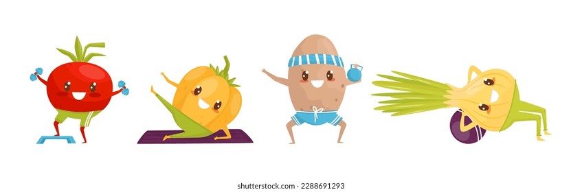 Funny Vegetables Doing Sport and Physical Exercise Vector Set