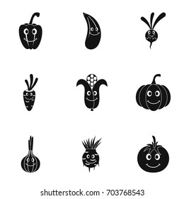 Funny vegetables emoji icon set. Simple set of 9 funny vegetables emoji vector icons for web isolated on white background